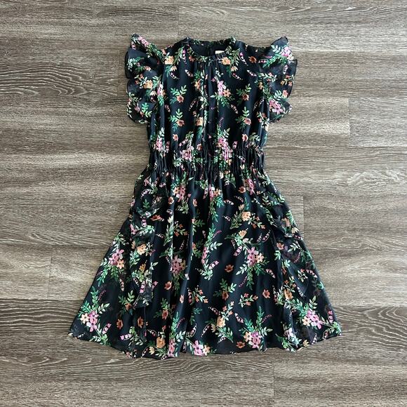 Shoshanna Amora 100% Silk Chiffon Dress Black Floral Ruffle Size 4 Fit & Flare - Picture 14 of 16